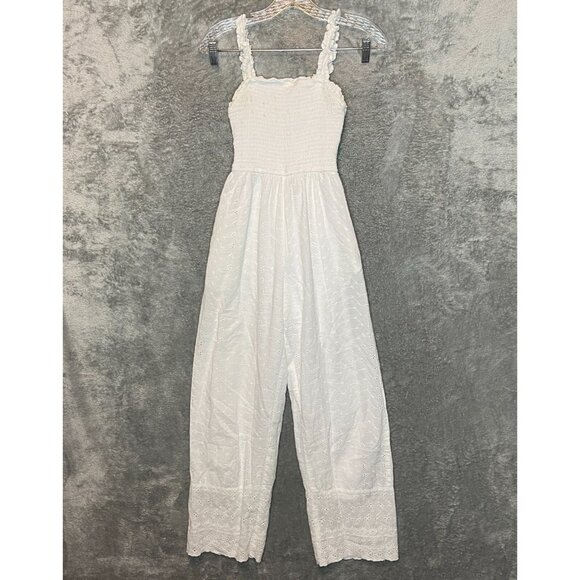 Jessica Simpson Women Cottage Peasant Boho Smocked Eyelet Jumpsuit XS White - Picture 1 of 12